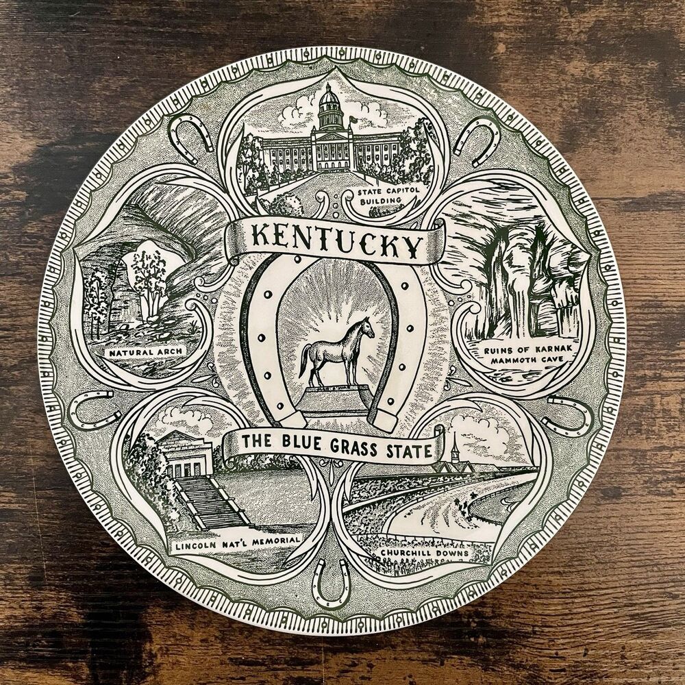 Vintage Kentucky Souvenir Green Transferware Plate 9.5” Landmarks Info